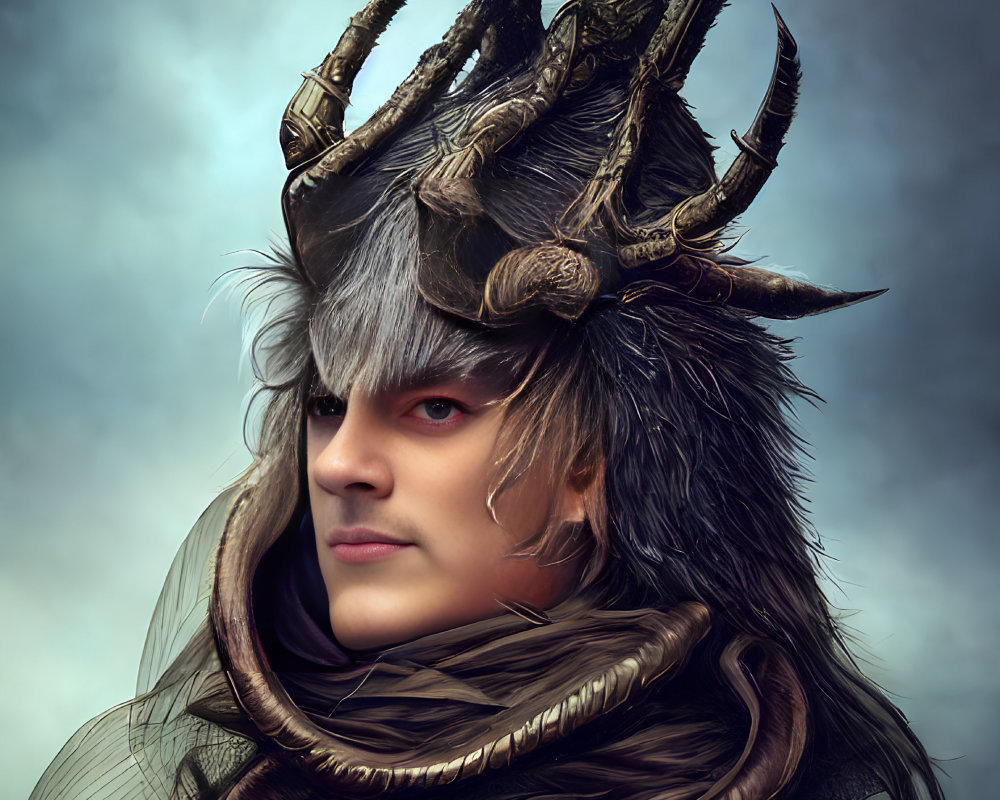 Illustration of person with red eyes in horned helmet and fur, showing intense expression