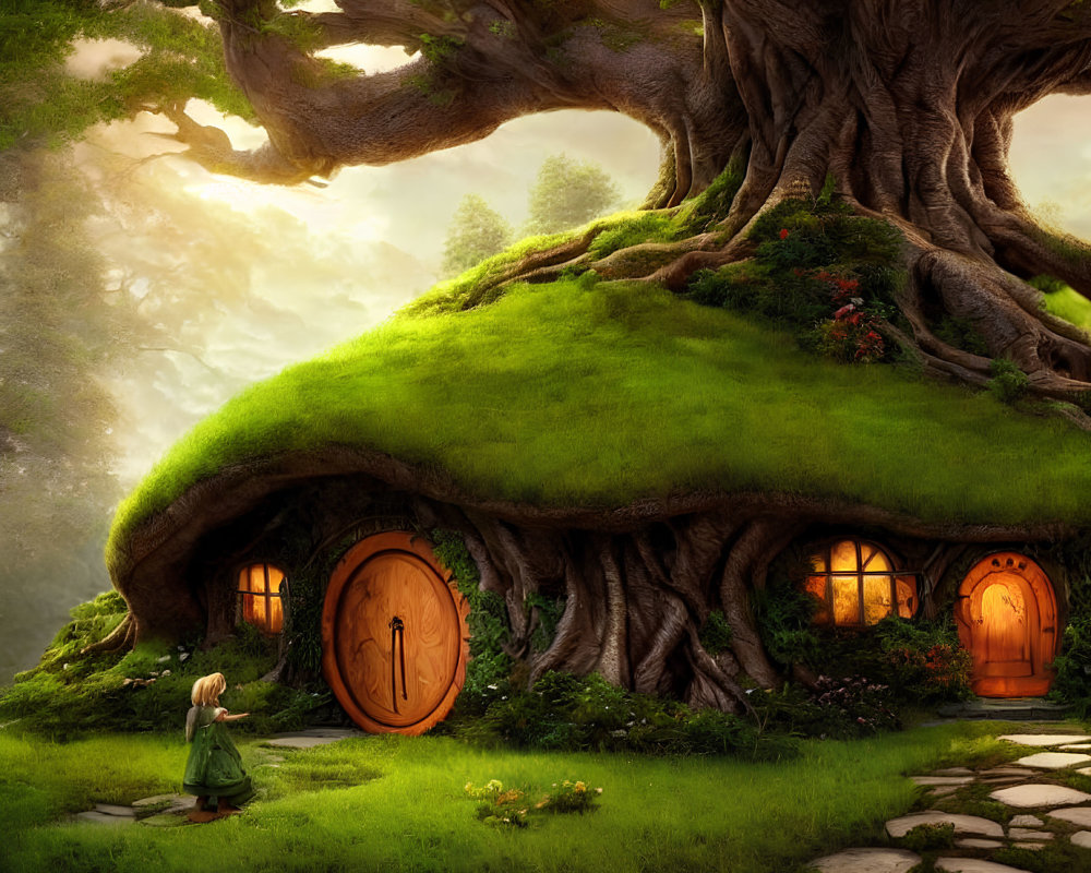 Child exploring magical tree with hobbit-like house in whimsical illustration