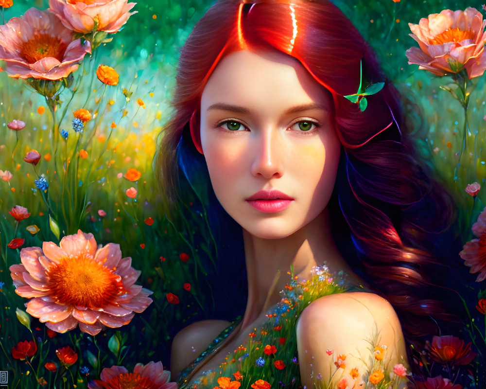 Vibrant digital painting of woman with red hair in colorful meadow