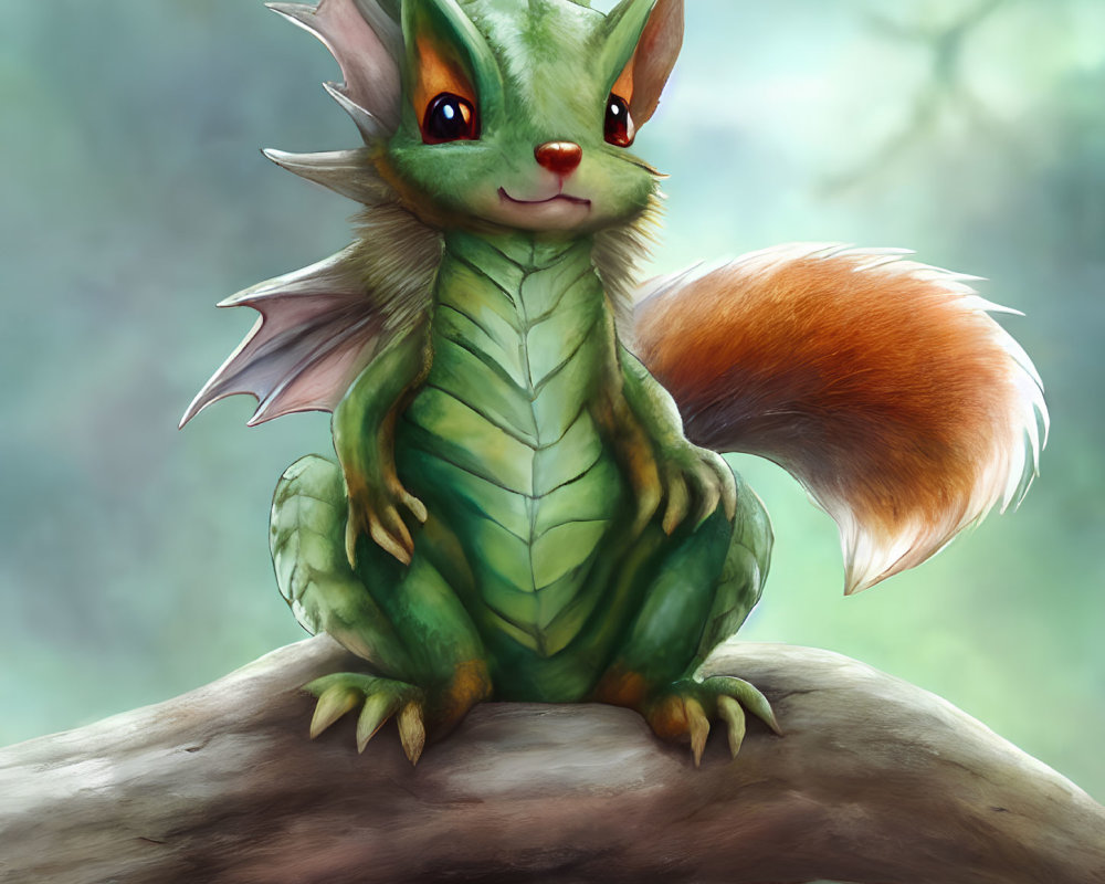 Green dragon-like creature with red eyes and leafy ears perched on tree branch in forest.