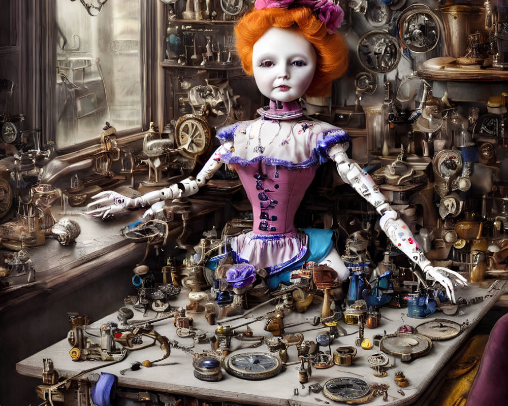 Orange-Haired Doll in Victorian Dress Surrounded by Vintage Clocks and Mechanical Parts