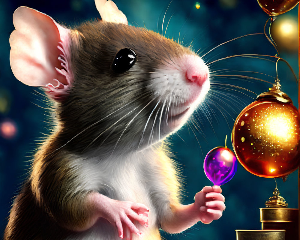 Anthropomorphized brown and white rat with purple glass ball and glowing orange ornament in digital illustration