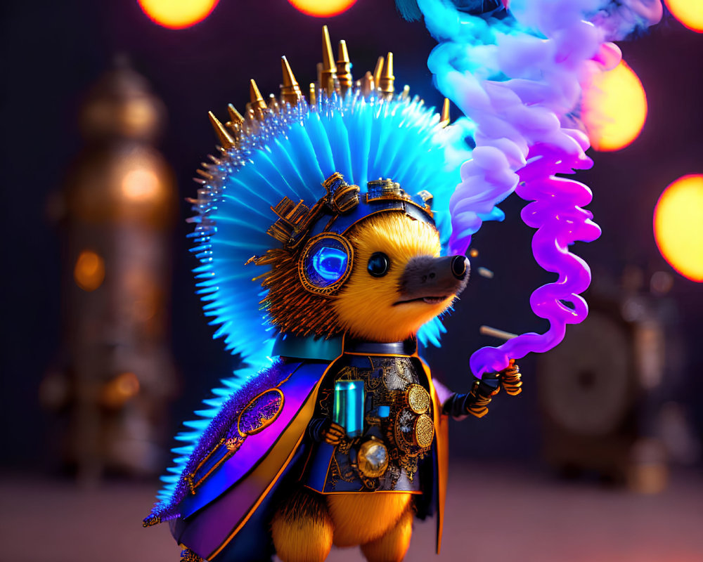 Steampunk-styled hedgehog with blue mohawk and potion in digital art