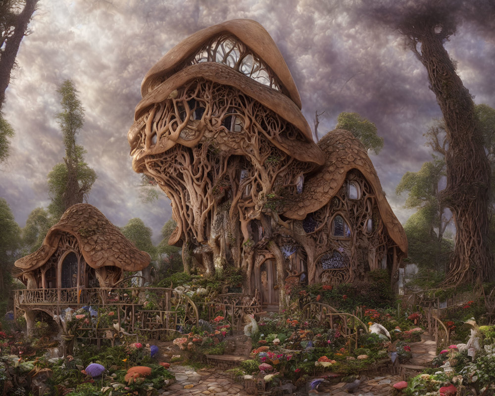 Detailed Illustration of Fantasy Mushroom Village with Tree Houses & Enchanted Garden