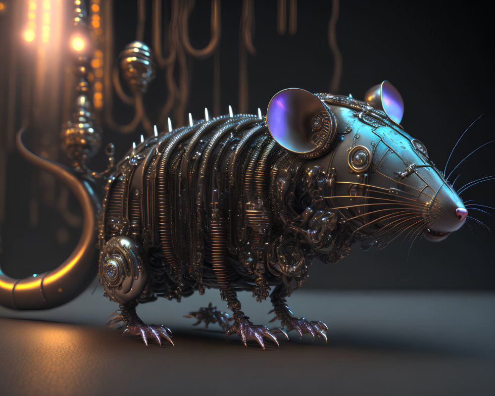 Mechanized Rat 3D Illustration with Glowing Blue Eyes