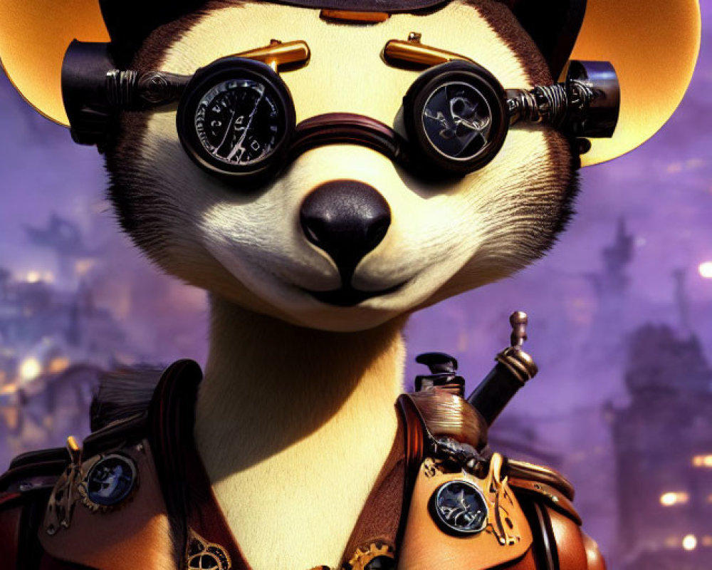 Steampunk-themed anthropomorphic meerkat in leather coat and goggles.