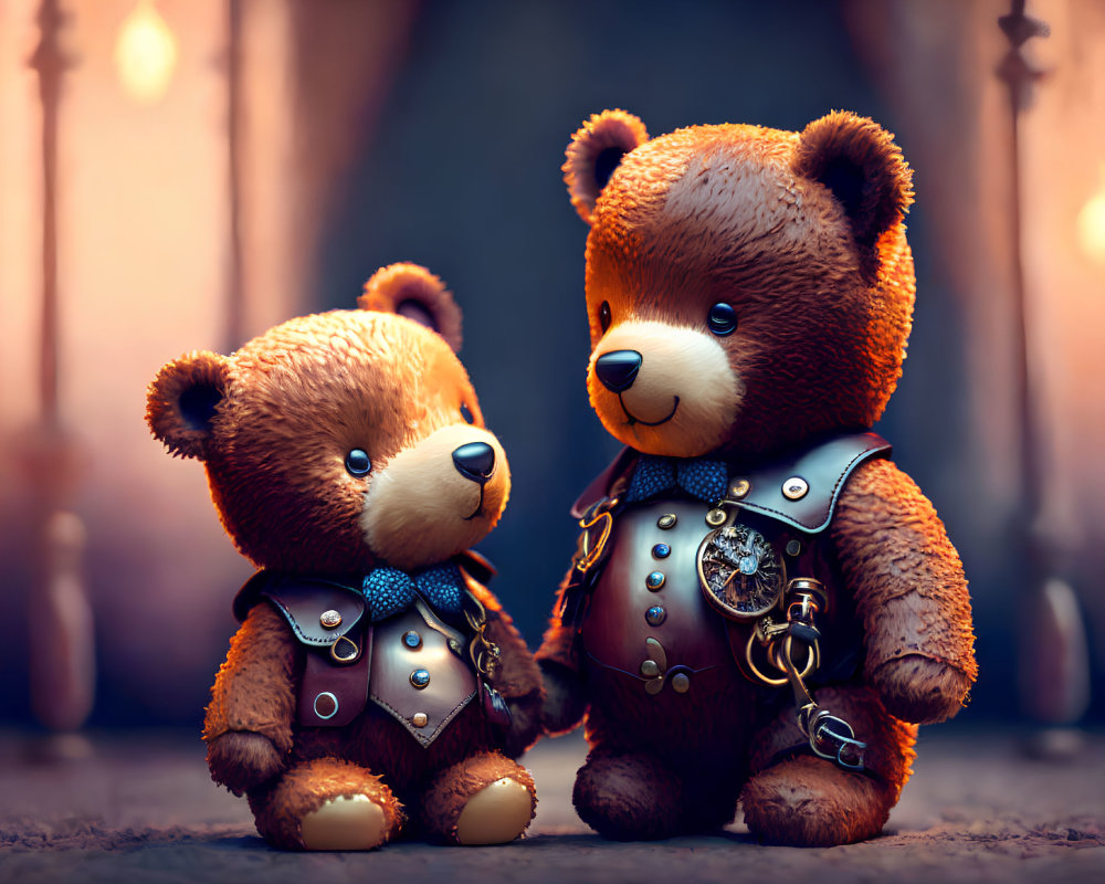 Steampunk-themed teddy bears in detailed outfits against warm, torch-lit backdrop