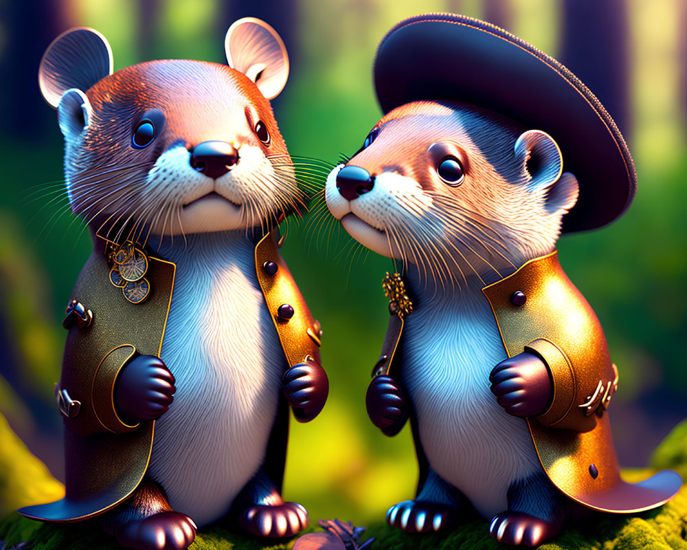 Stylized anthropomorphic otters in vintage attire in sunlit forest