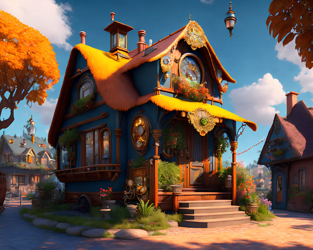 Colorful Illustration of Ornate Blue House with Autumn Foliage