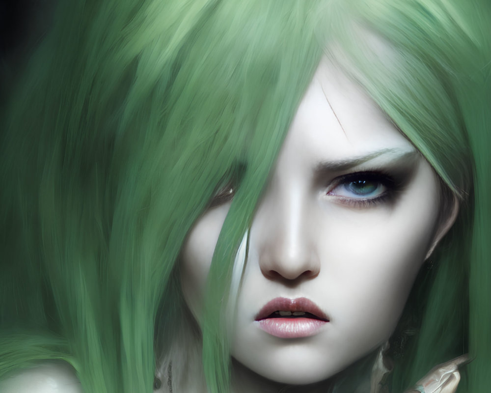 Fantasy illustration of female figure with blue eyes and green hair.