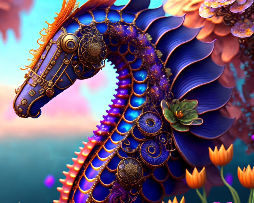 Majestic seahorse digital artwork with gold adornments in dreamy aquatic setting