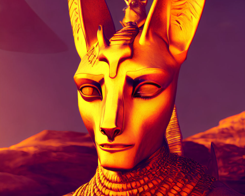 Anthropomorphic feline figure in Egyptian style against desert backdrop