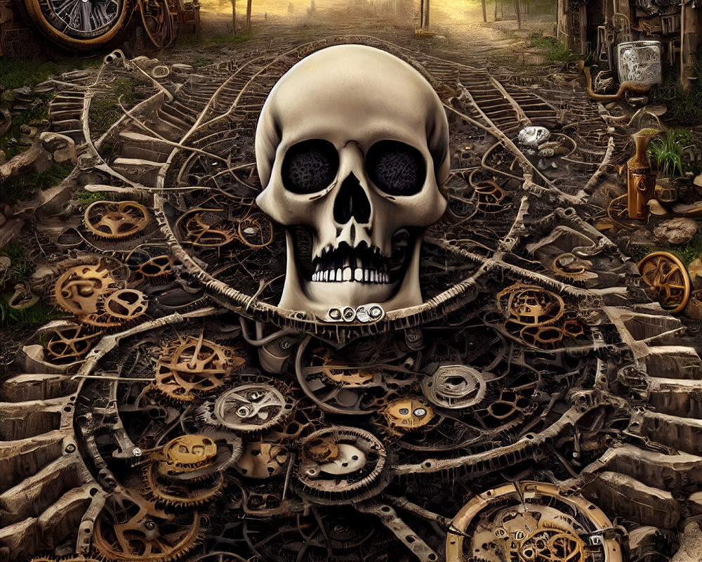 Skull on Gears in Steampunk Landscape