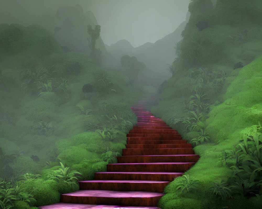 Mystical red stone stairway in foggy forest with mountains