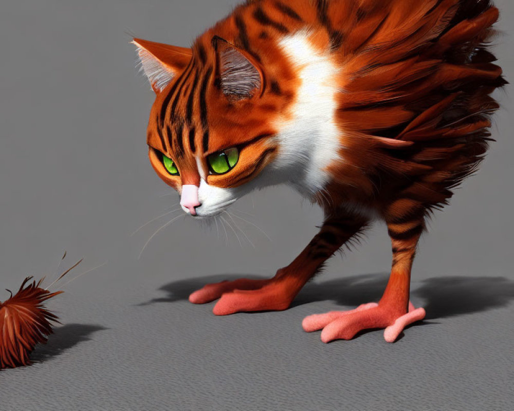 Stylized image of fluffy orange tabby cat with green eyes observing spiky object