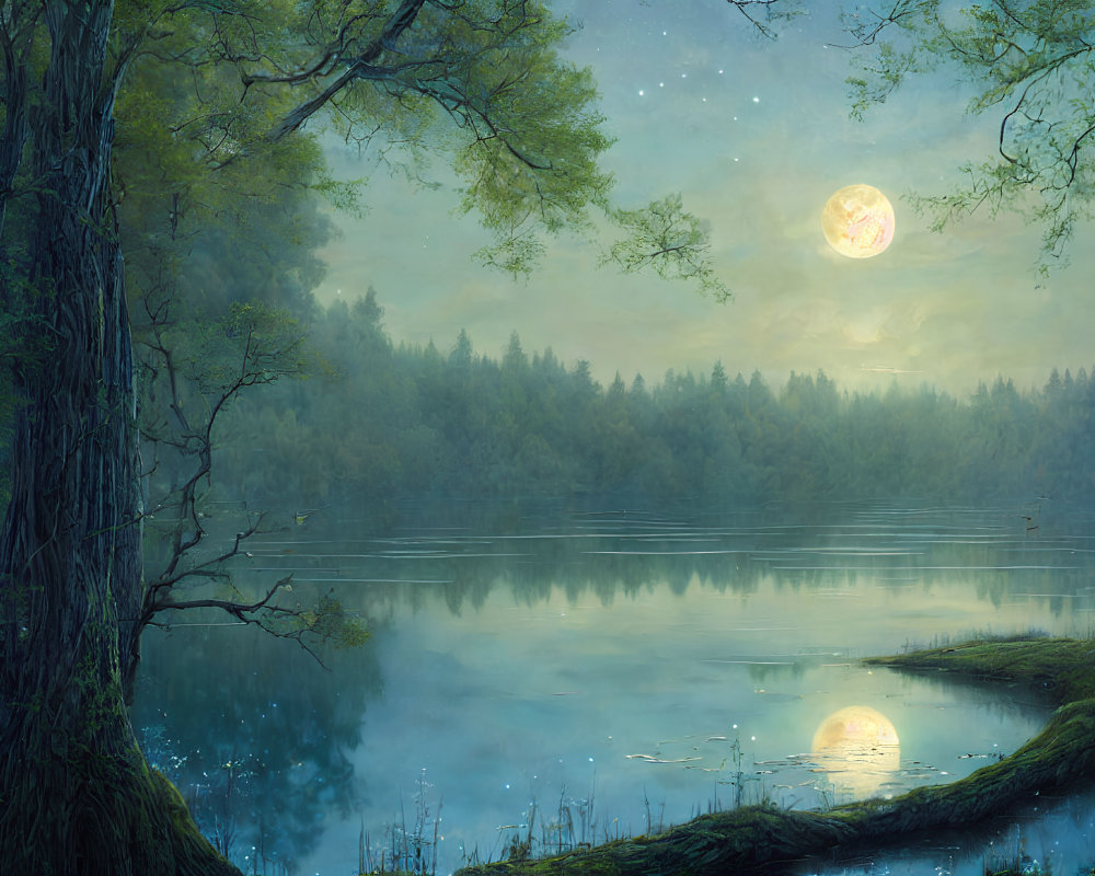 Nighttime Forest Scene: Full Moon Reflected on Still Lake, Lush Trees, Starry Sky