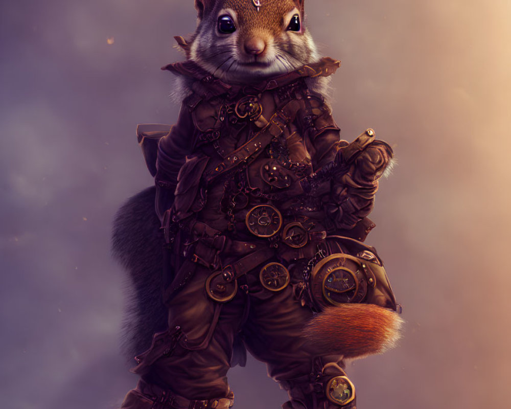 Anthropomorphic steampunk squirrel illustration in misty setting