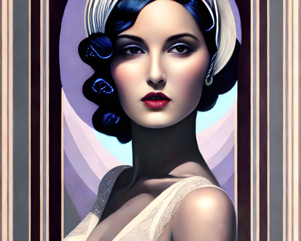 1920s flapper style illustration with white headband, blue feather, and pearls in art deco