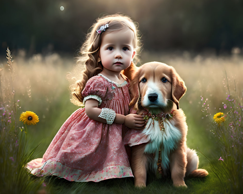 Young girl in pink dress with golden retriever puppy in sunset field