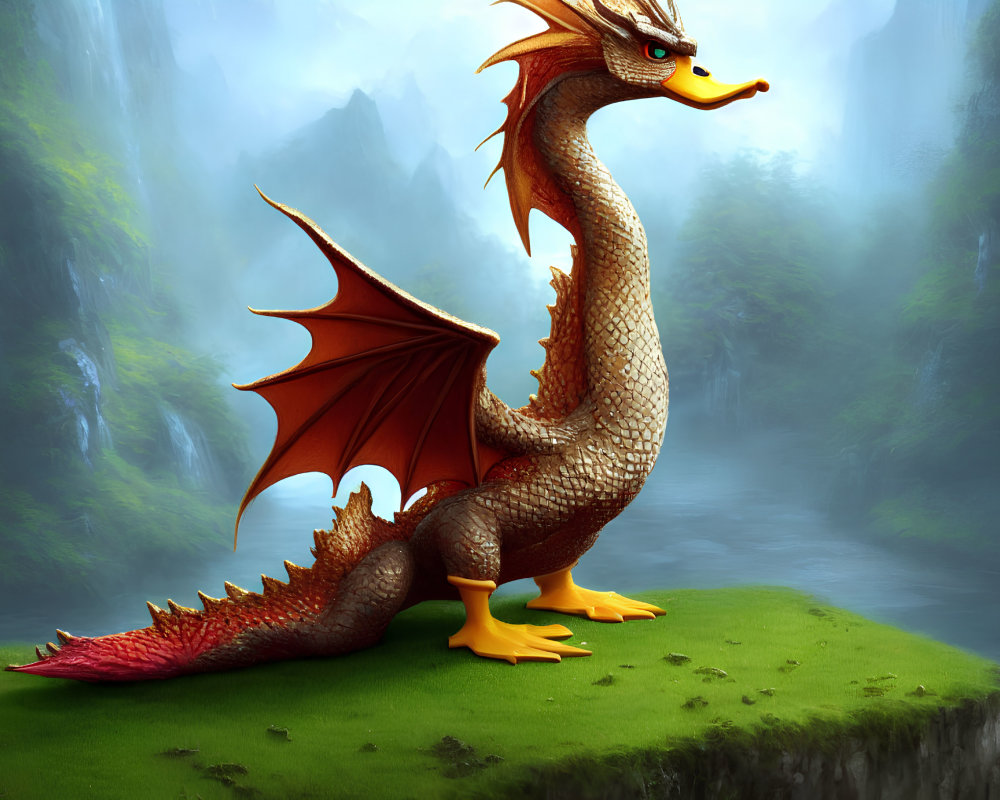 Orange-winged dragon perched on cliff overlooking misty forest waterfall