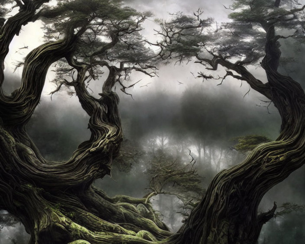 Ancient, fog-shrouded forest with twisted, gnarled trees