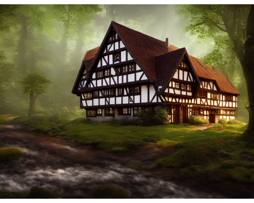 Half-timbered house in serene forest with stream and sunlight.