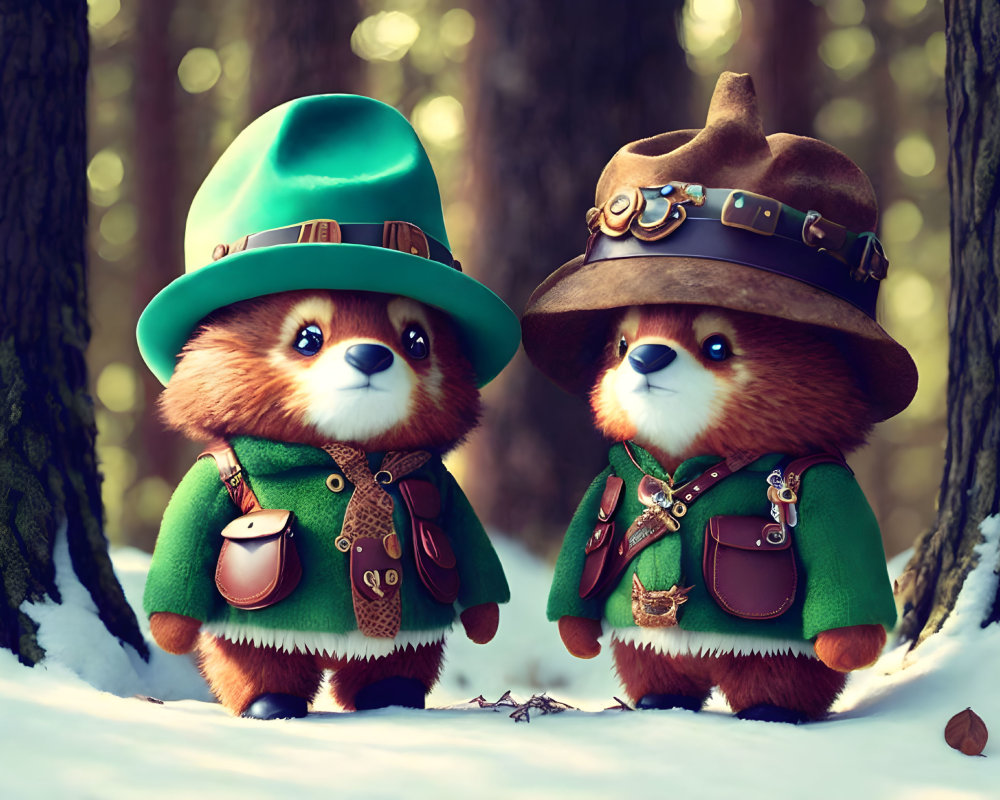 Anthropomorphic red pandas in vintage explorer outfits in snowy forest