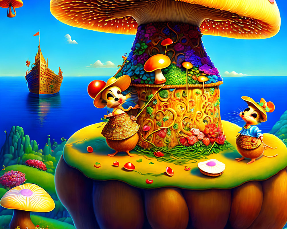 Colorful Anthropomorphic Mice on Mushroom with Ship and Flora