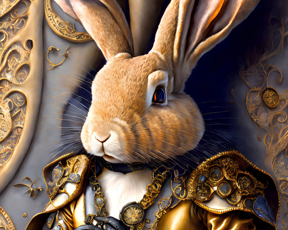 Anthropomorphic rabbit in gold-trimmed coat with pocket watch