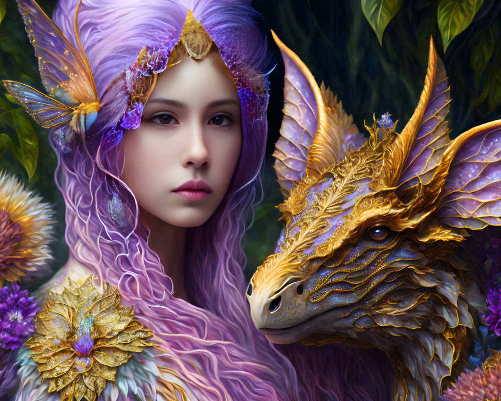 Fantasy Artwork: Young Woman with Purple Hair and Golden Dragon