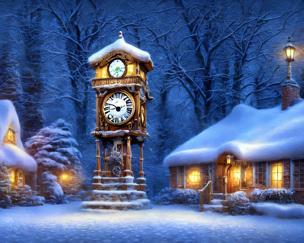 Ornate clock tower in snowy night landscape