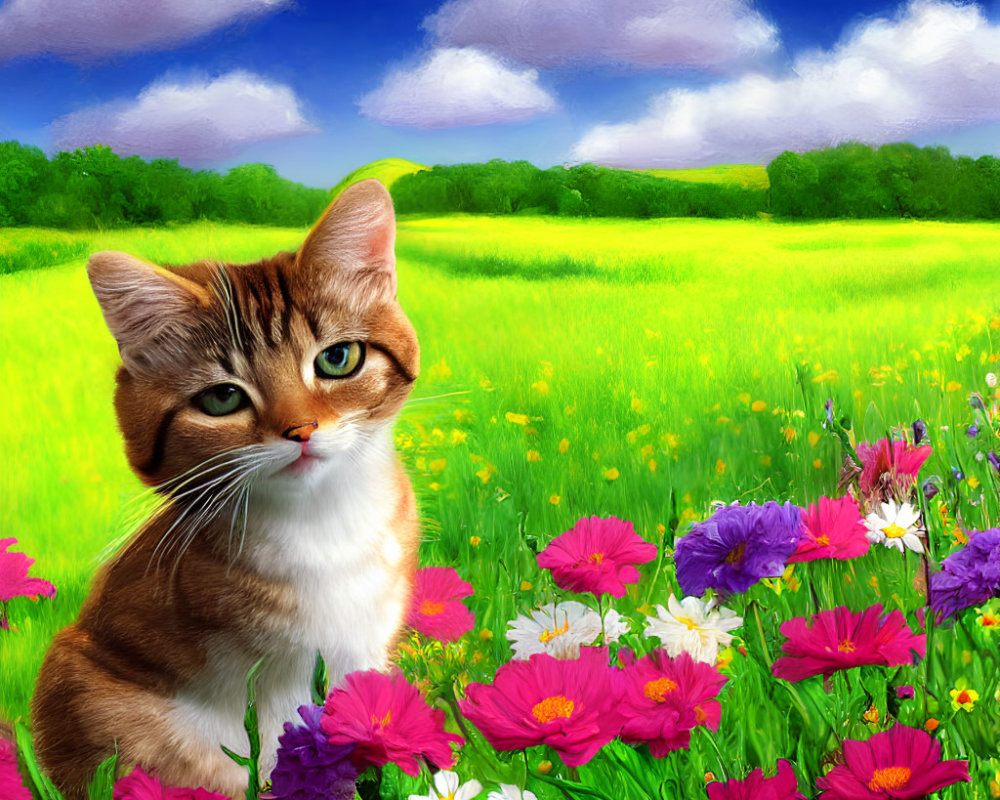 Tabby Cat Among Colorful Wildflowers in Vibrant Field