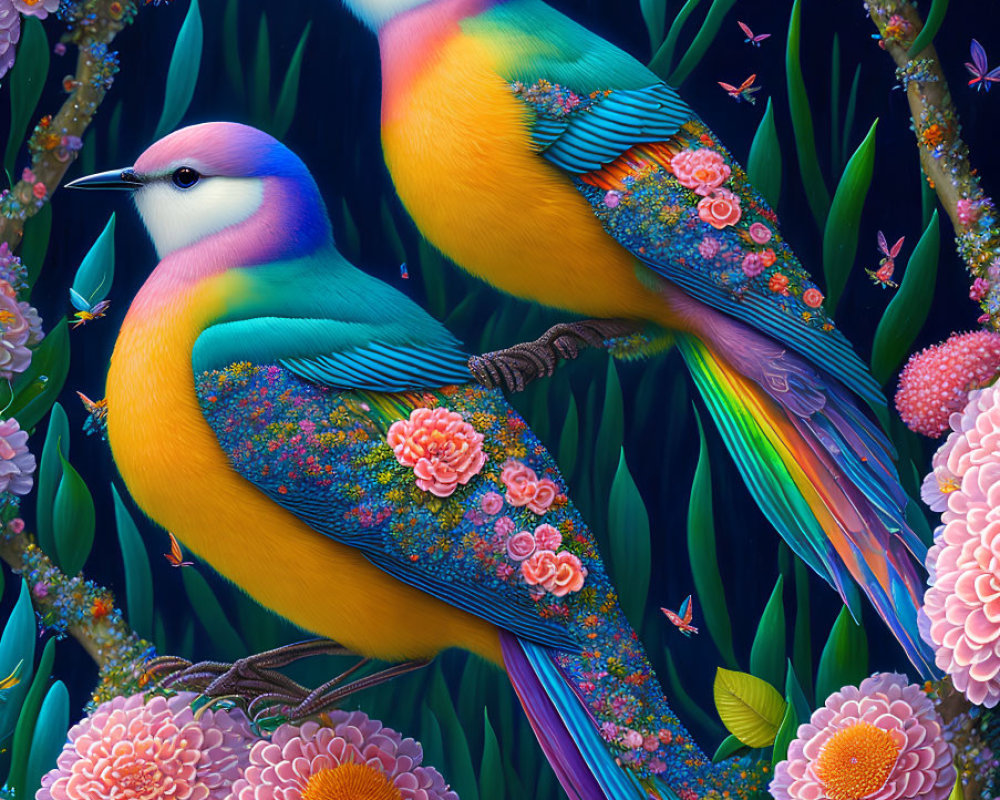 Colorful Birds with Floral Patterns Perched Among Pink and Purple Flowers