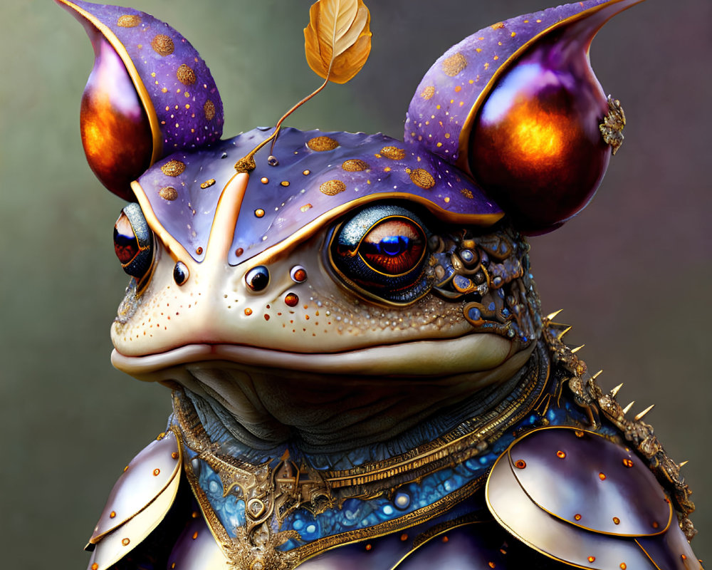 Detailed Fantasy Illustration: Frog in Ornate Armor with Leaf on Head