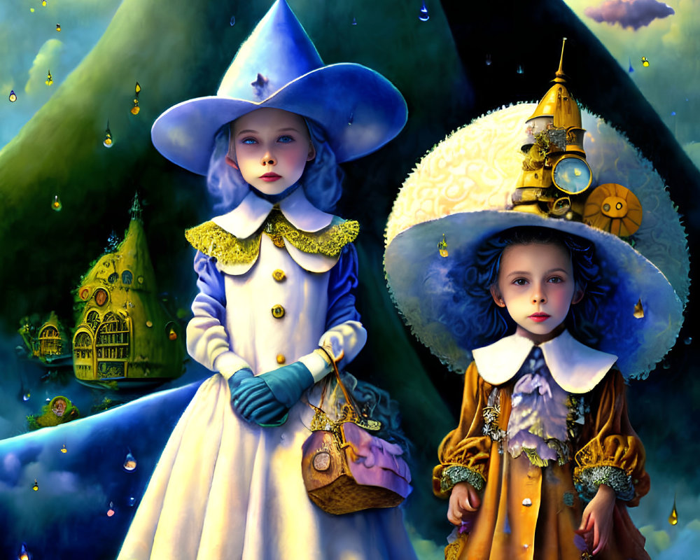 Elegantly dressed children in colorful forest with enchanting houses under starry sky