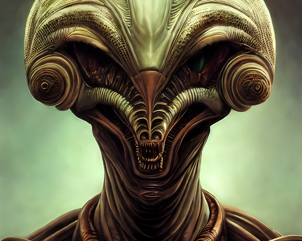 Detailed alien with ridged forehead and pointed teeth on green background