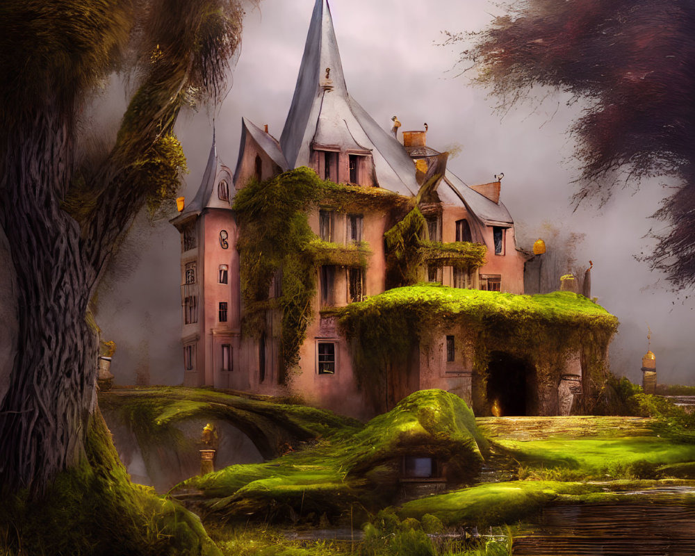 Moss-Covered Fairytale Castle in Enchanted Forest Setting