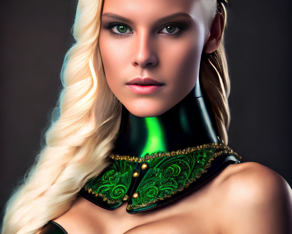 Blonde woman in futuristic black and green corset with ornate collar.