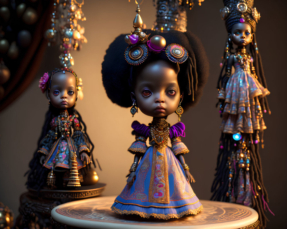 Three Gothic-Styled Dolls in Elaborate Costumes