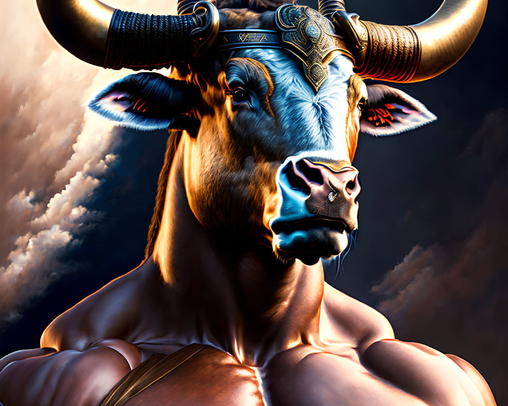 Muscular man-bodied bull-headed creature in cloudy sky scene