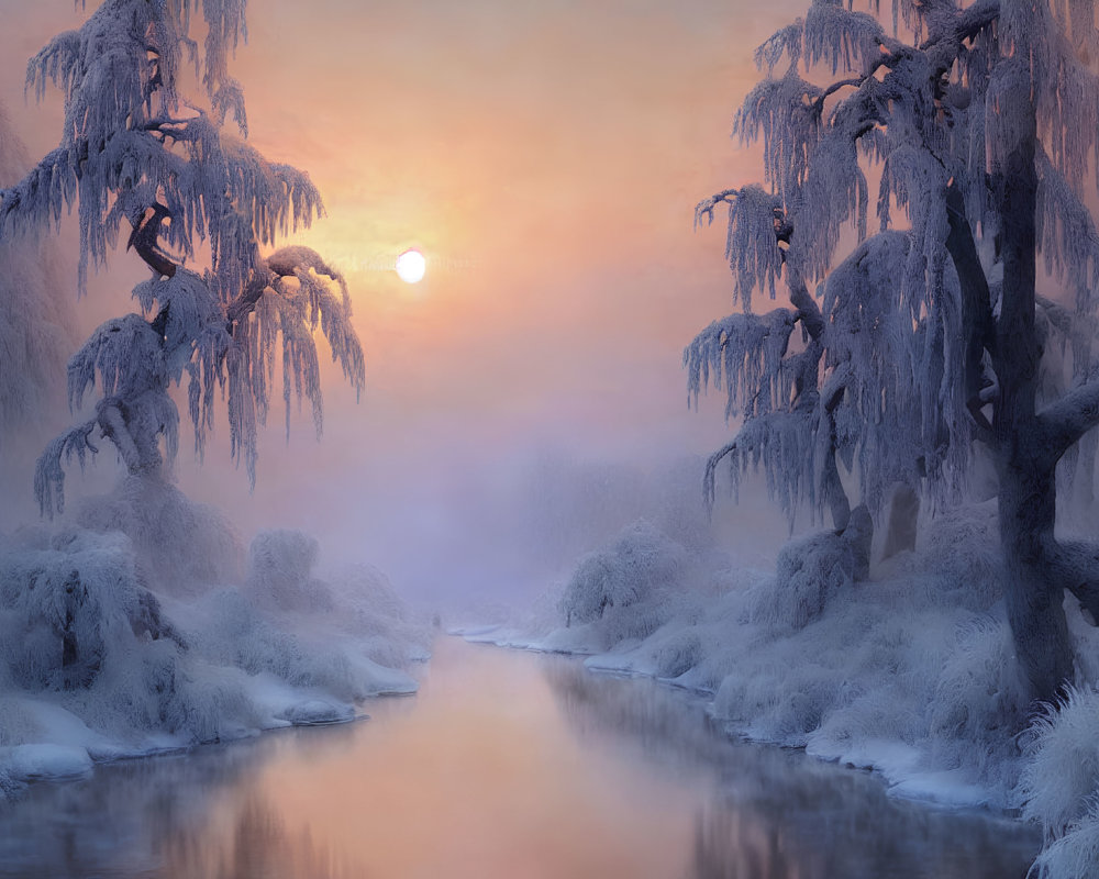 Tranquil snowy landscape at sunset with frost-covered trees and meandering river