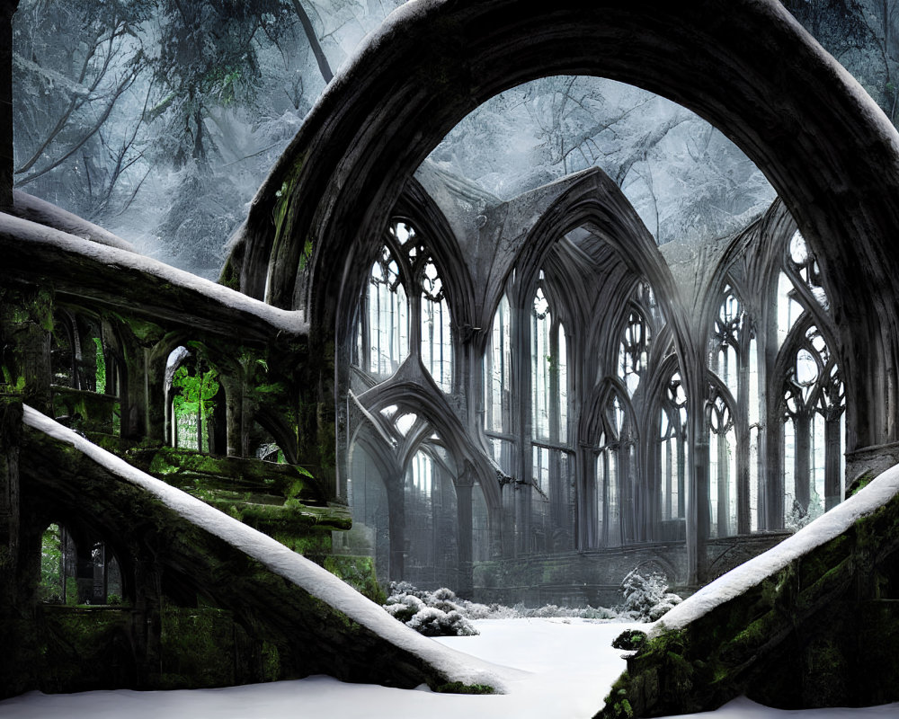 Gothic church ruins in snow-covered winter forest