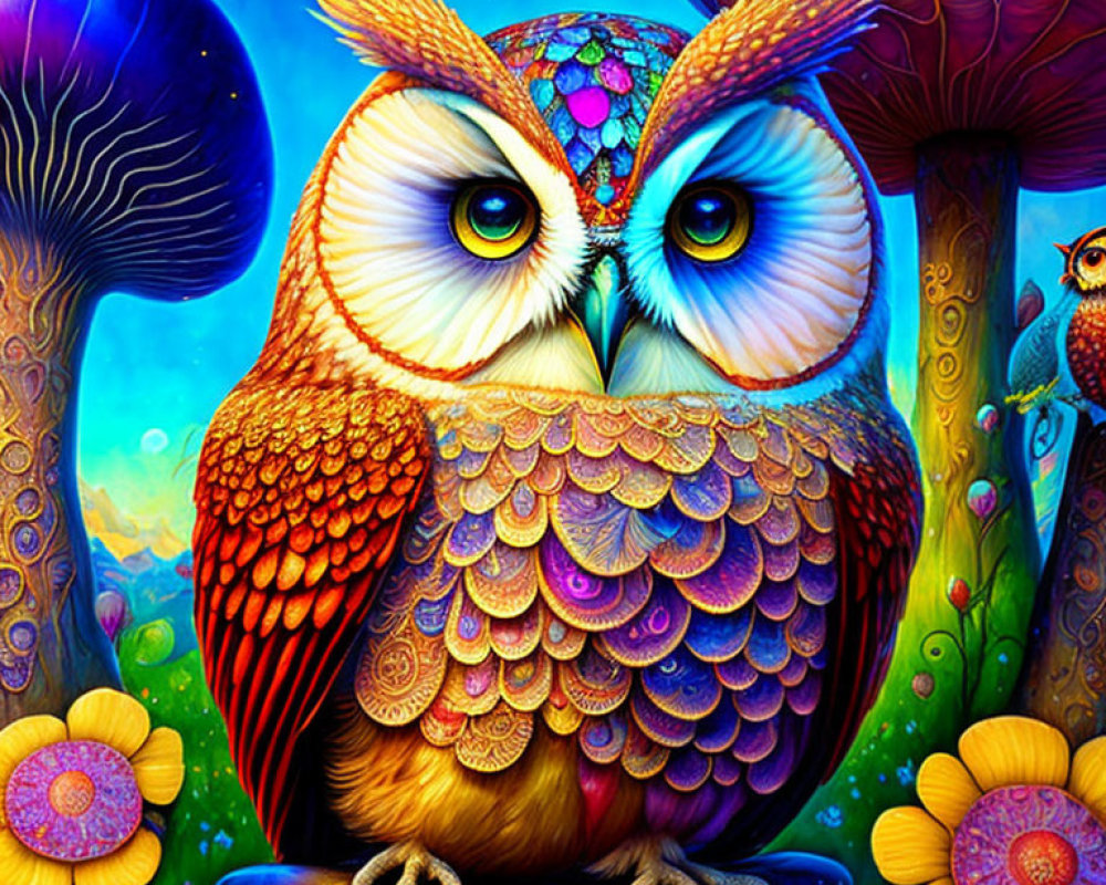 Colorful Owl Among Psychedelic Mushrooms and Flowers in Fantasy Setting