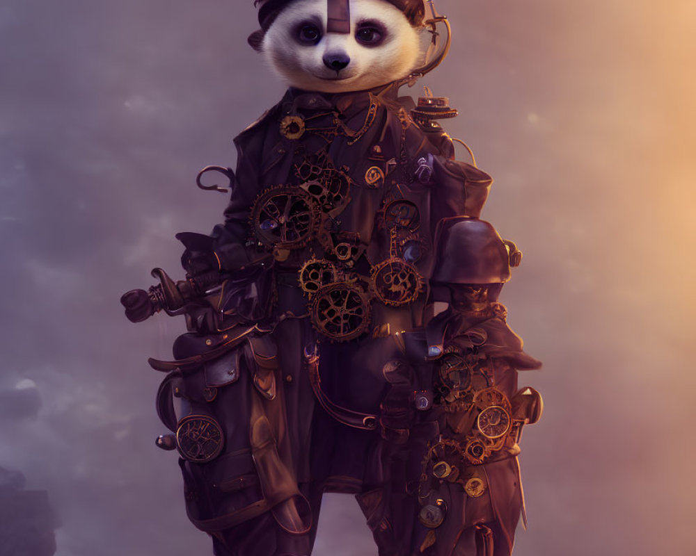 Steampunk anthropomorphic raccoon in gear-laden attire in sepia-toned landscape