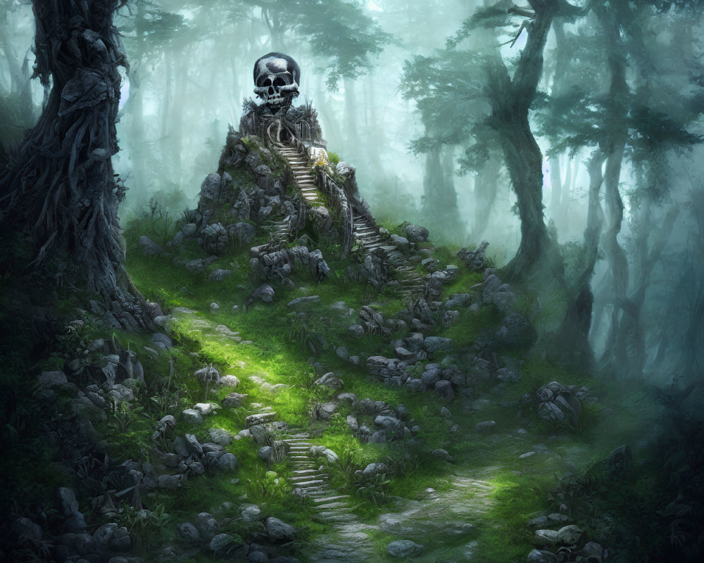 Misty forest with skull-shaped rock formation and stairway in ethereal light