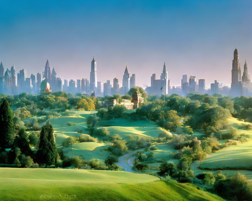 Lush Green Park with Rolling Hills and City Skyline View