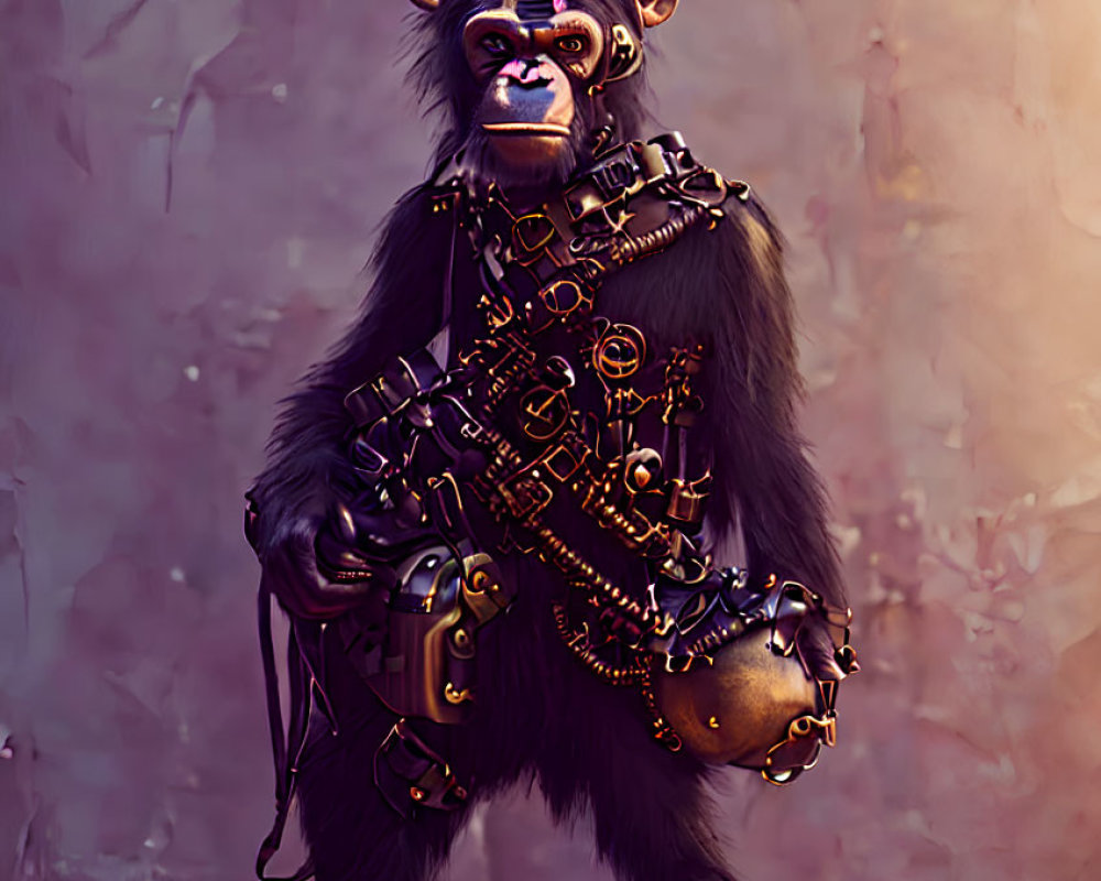 Chimpanzee in medieval armor on misty purple background