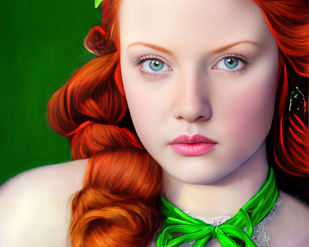 Illustrated portrait of young woman with red hair, green ribbon, and flower on green background