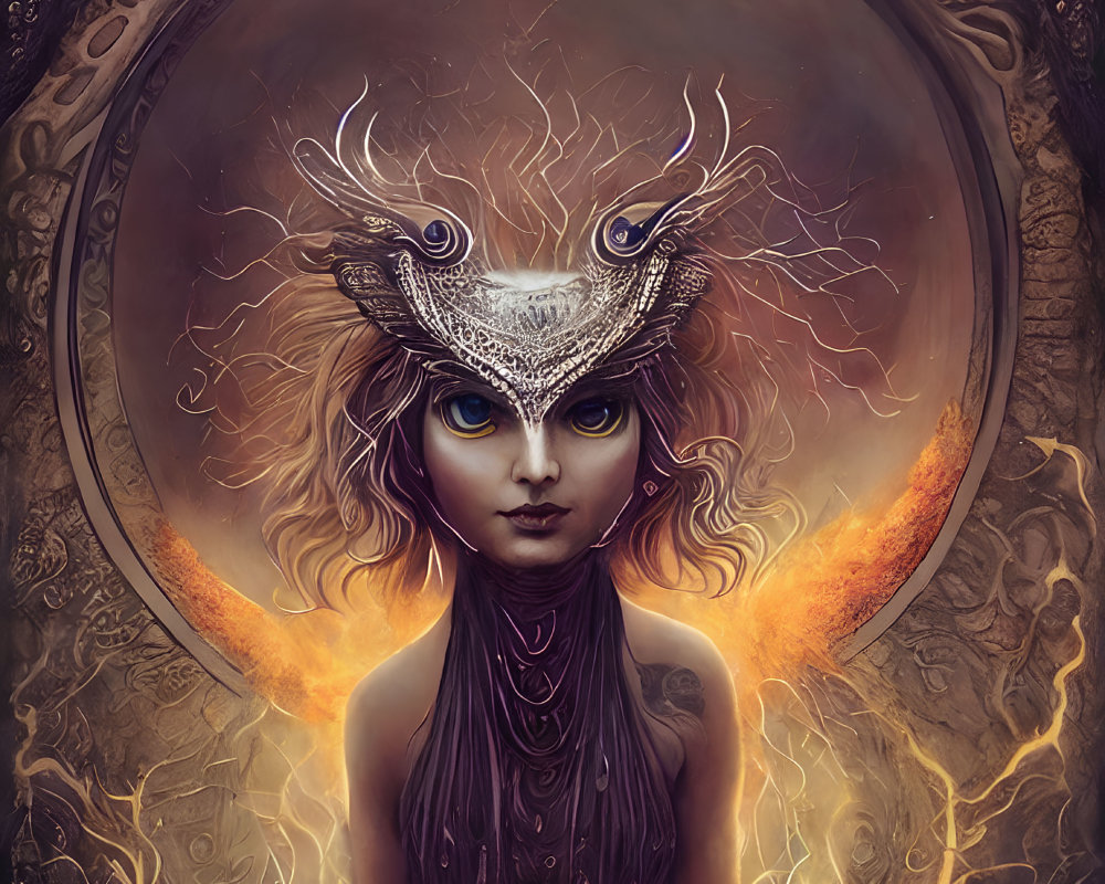 Mystical figure with blue eyes and ornate headdress in flames.