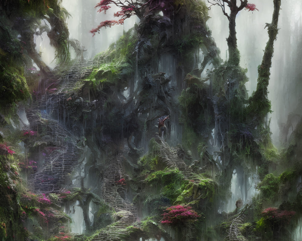 Enchanting forest with towering trees, pink foliage, misty ambiance, and intricate stairways.